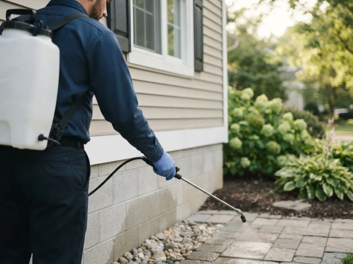 Pest control technician inspecting a home in Saint Henry, OH